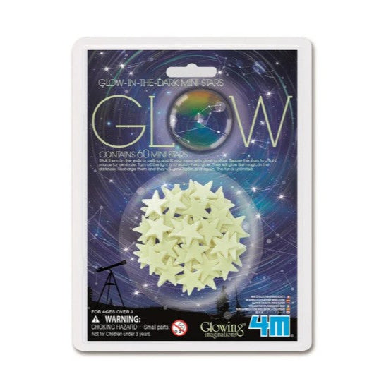 Packaged glow-in-the-dark mini stars with packaging displaying product details.