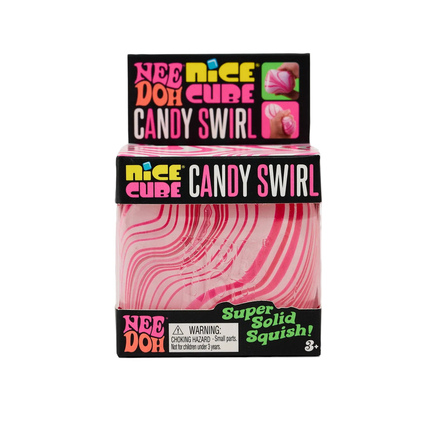 A boxed candy product labeled 'Nice Cube Candy Swirl' with pink swirl packaging visible through a clear front window, photographed on a light gray background.