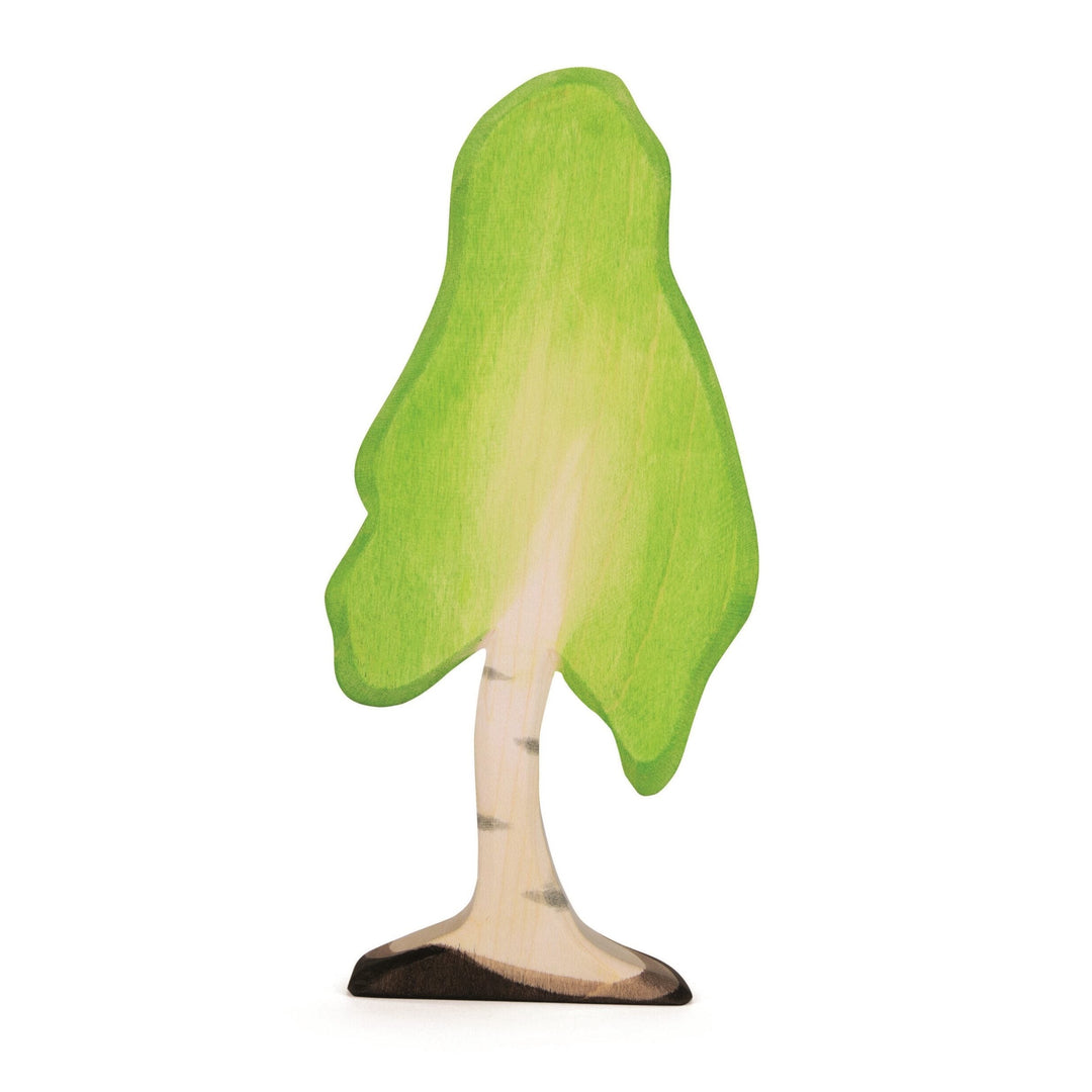 A small wooden tree figurine with a bright green hand-painted canopy, a natural light wood trunk, and a dark brown base, shown on a plain white background.