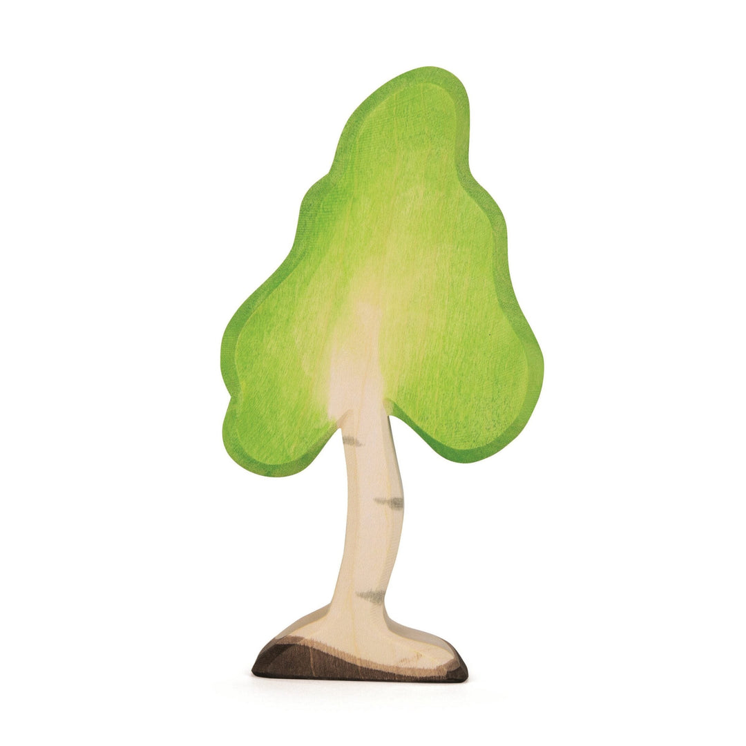 A small wooden tree figurine with a bright green hand-painted canopy, a natural light wood trunk, and a dark brown base, shown on a plain white background.