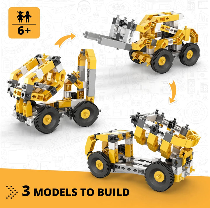 Toy construction vehicle set with three models on a white background