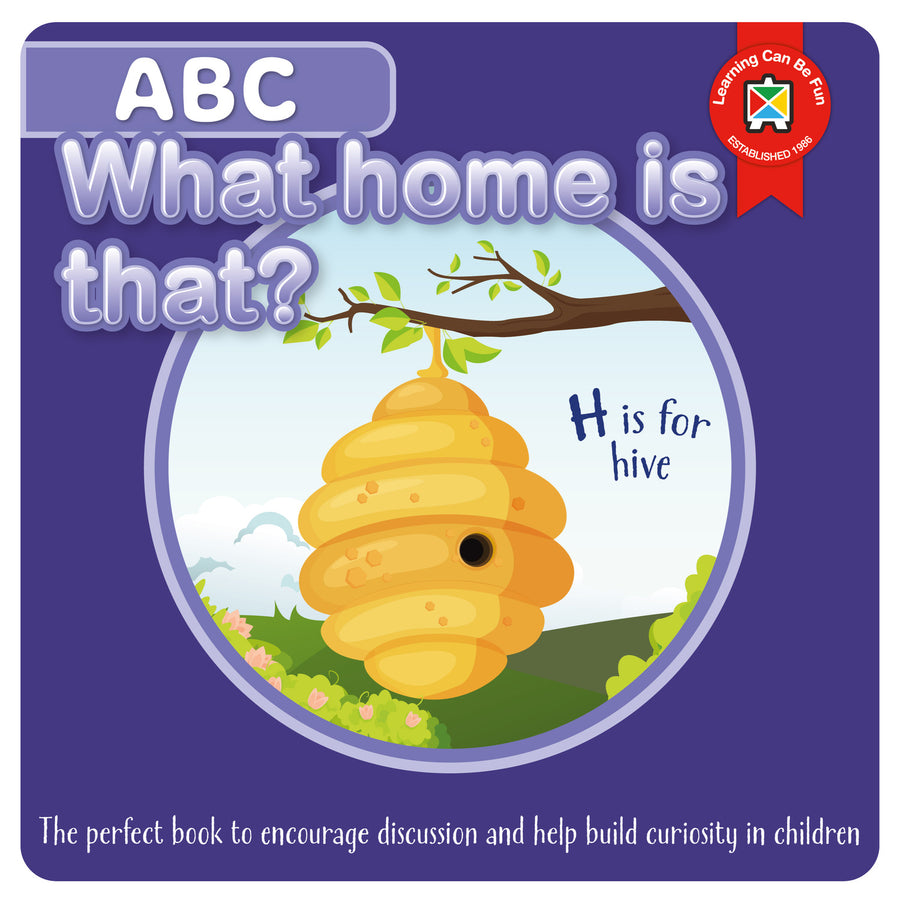Book cover of 'ABC What home is that?' with a beehive illustration on a purple background.