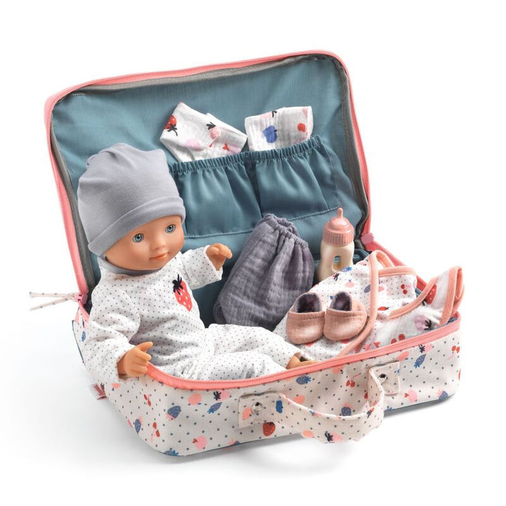 Djeco - Baby Pomea Doll & Suitcase Playset