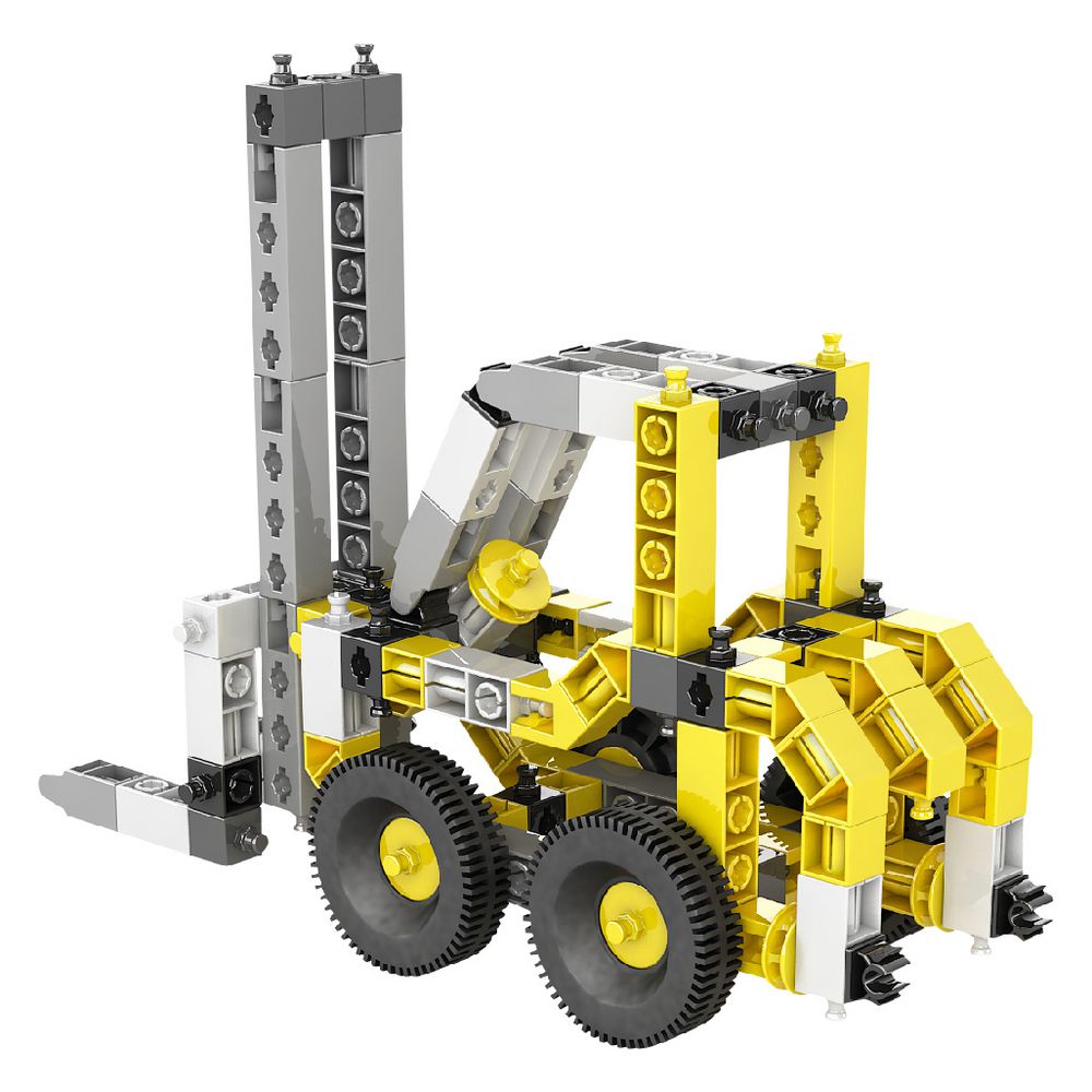 Toy forklift made of interlocking bricks on a white background