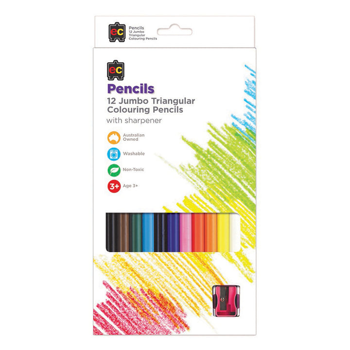 EC - Jumbo Triangular Colouring Pencils & Sharpener (12pk)