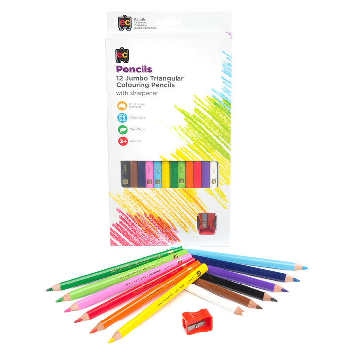 EC - Jumbo Triangular Colouring Pencils & Sharpener (12pk)
