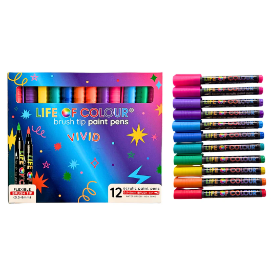 Life of Colour - Vivid - Acrylic Brush Paint Pens 12pk (0.5-8mm Brush Tip)