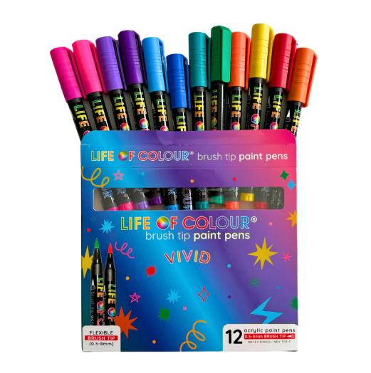 Life of Colour - Vivid - Acrylic Brush Paint Pens 12pk (0.5-8mm Brush Tip)