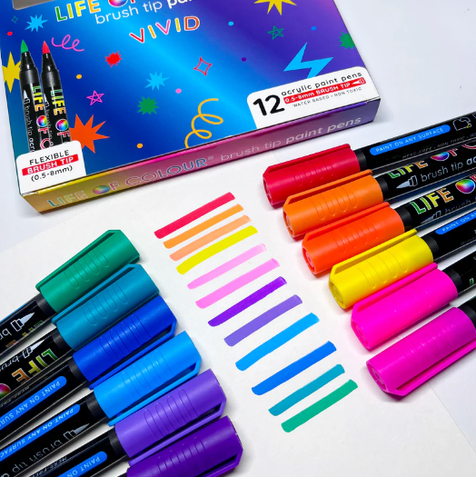 Life of Colour - Vivid - Acrylic Brush Paint Pens 12pk (0.5-8mm Brush Tip)