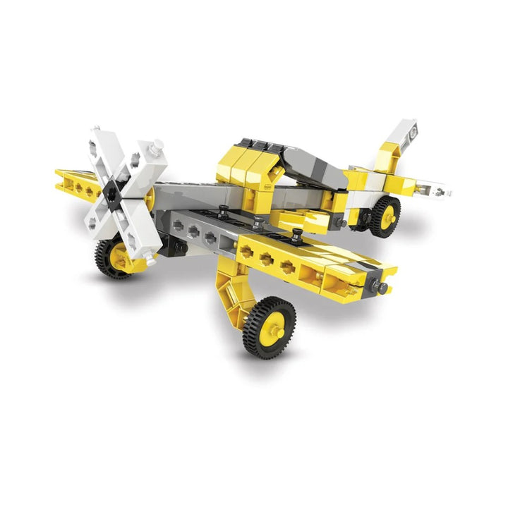 Toy vehicle made of interlocking bricks on a white background