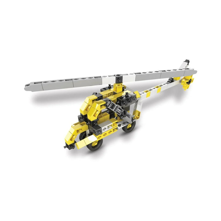 Toy helicopter made of interlocking bricks on a white background