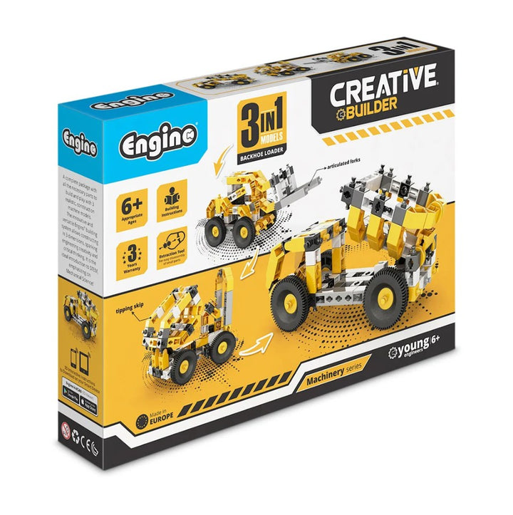 Box of a toy construction set with 'Engine' branding on a white background