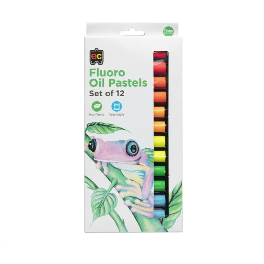 Packaging of Fluoro Oil Pastels with pastel colors and a lizard illustration on a white background