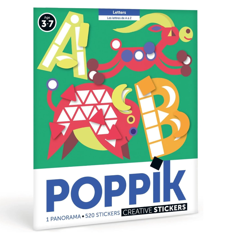 Poppik Letters LA-0012 Creative Stickers book, featuring colorful geometric pop-art letters on a green cover with a white bottom section and blue Poppik branding.