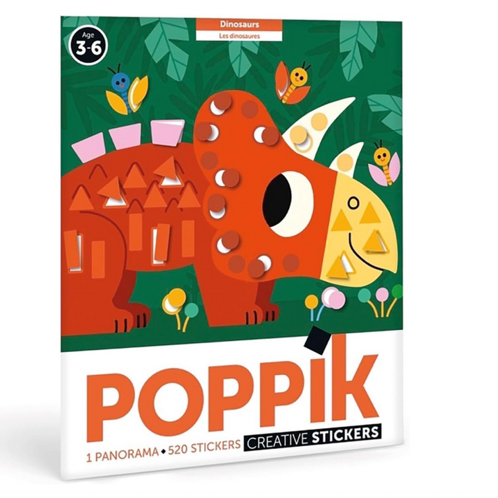 Poppik Creative Stickers book featuring a colorful dinosaur illustration on the cover, with the title 'POPPIK' and text indicating 1 panorama and 520 stickers.
