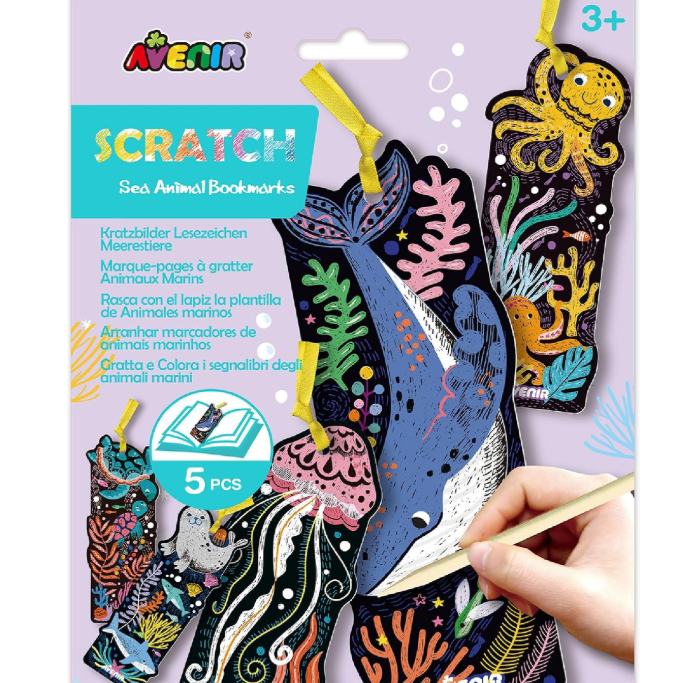 Avery Scratch Sea Animal Bookmarks set in its original packaging, featuring a hand scratching on colorful sea animal bookmarks including an octopus, whale, shark, and coral.