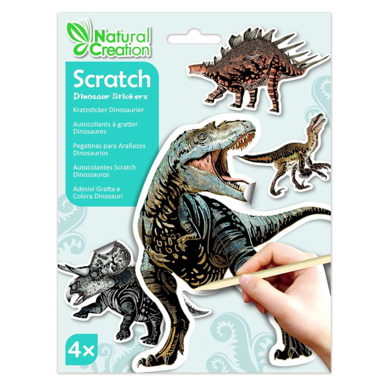 Natural Creation Scratch Dinosaur Stickers in a 4-pack, featuring dinosaur cutouts with a wooden scratch tool visible on the packaging.