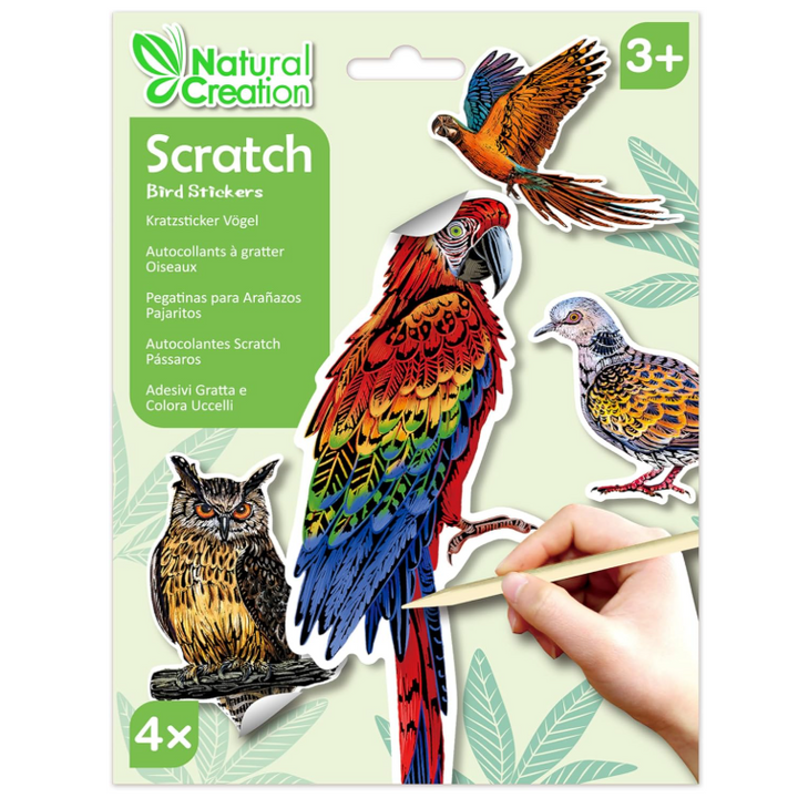 Natural Creation Scratch Bird Stickers 4-pack on a light green card, featuring colorful illustrated birds including a parrot, owl, and pigeon, with a hand holding a wooden stick near the parrot.