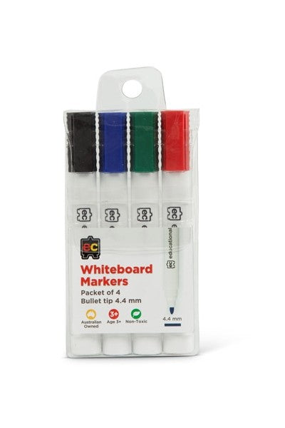 Pack of whiteboard markers with black, blue, green, and red caps on a white background